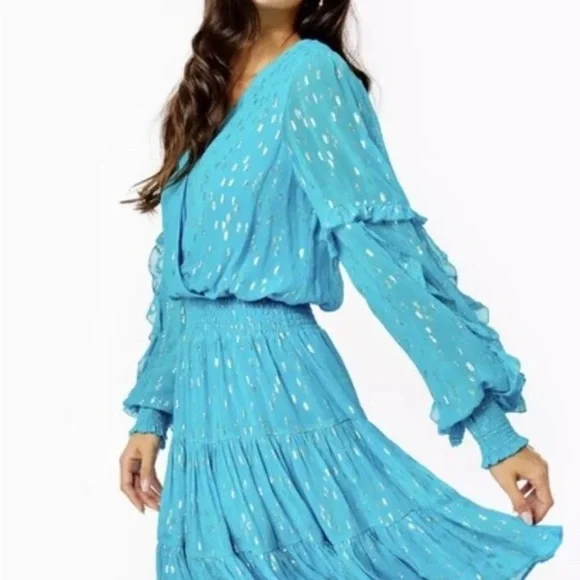 NWT Lilly Pulitzer Women's Turquoise Oasis Metallic Heline‎ Ruffle Dress - Picture 4 of 12